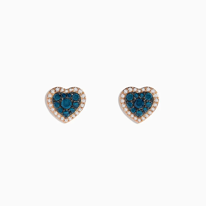 Silver Earrings For Bridesmaid Gifts-Bella Bleu 14K Rose Gold Blue and White Diamond Heart Earrings