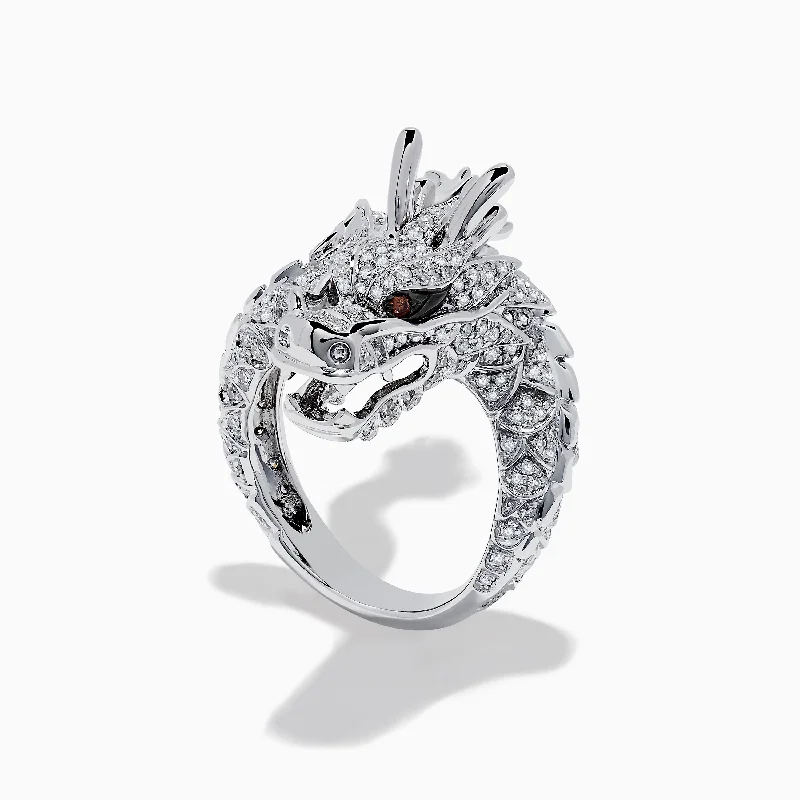 Gemstone wedding bands-Safari 14K White Gold Espresso and White Diamond Dragon Ring