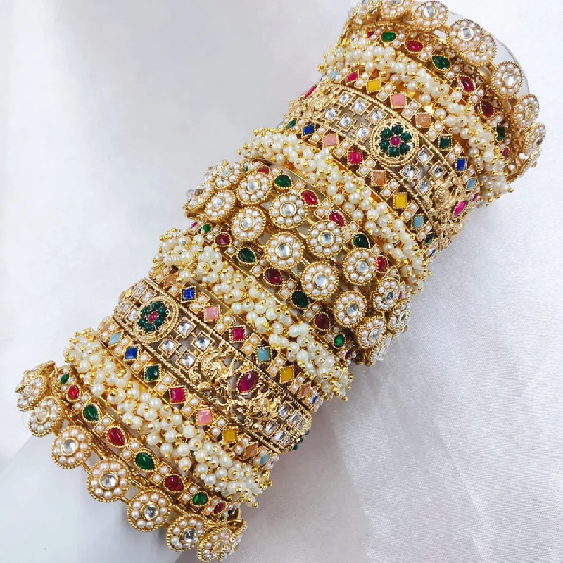 unique handcrafted bracelets-Silver bangles for everyday elegance-Pooja Bangles Gold Plated Pota Stone And Pearls  Bangle Set