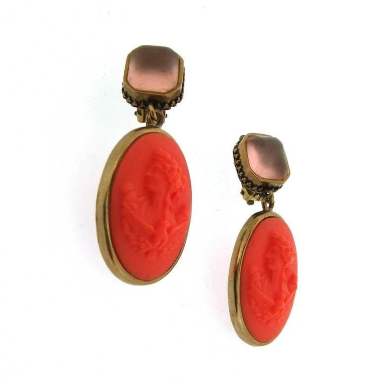 Silver Earrings For Sensitive Ears-Extasia Cameo Earrings Coral German Glass Bronze Pink Swarovski Crystal Clip On