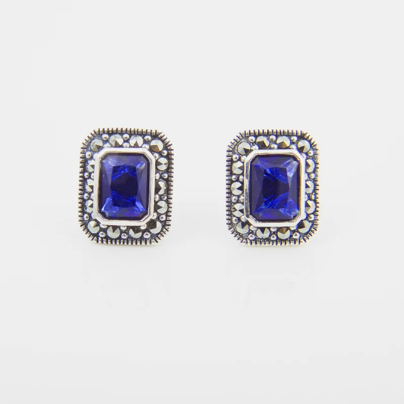 Crystal Earrings For Special Events-Silver Marcasite Sapphire Earrings Square Blue Crystal Studs