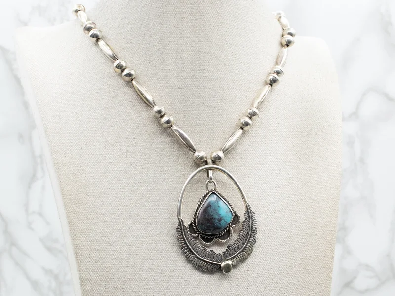 Silver lockets with photos-Sterling Silver Native American Statement Necklace with Turquoise Swinging Pendant