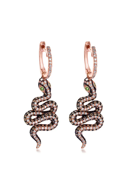 Large Hoop Earrings For Statement Look-Nature 14K Rose Gold Espresso and White Diamond Snake Earrings, 1.57 TCW