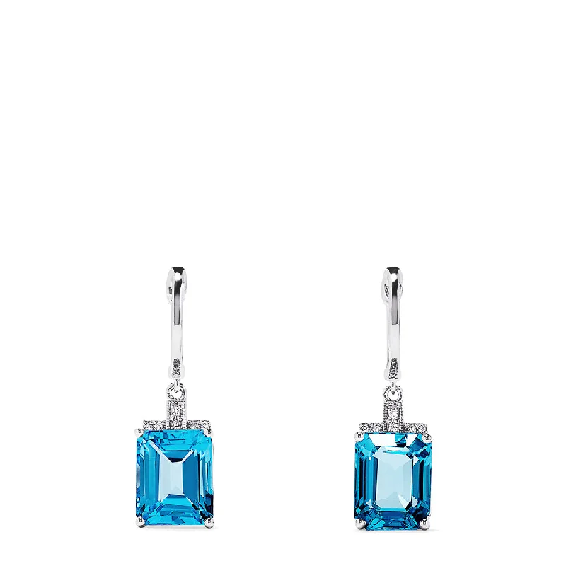 Silver Drop Earrings For Elegant Look-14K White Gold Emerald Cut Blue Topaz and Diamond Drop Earrings, 9.25 TCW