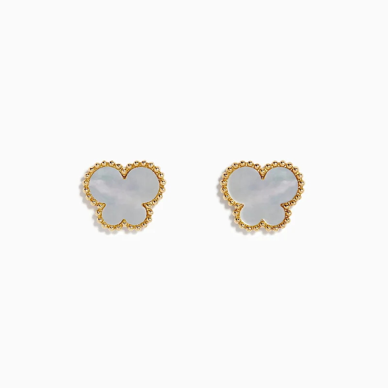 Silver Stud Earrings For Daily Wear-Novelty 14K Yellow Gold Mother of Pearl Butterfly Earrings