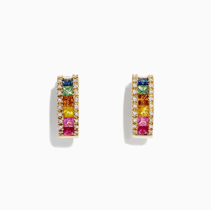 Colorful Earrings For Daytime Fashion-Watercolors 14K Yellow Gold Multi Sapphire & Diamond Hoop Earrings, 1.76 TCW