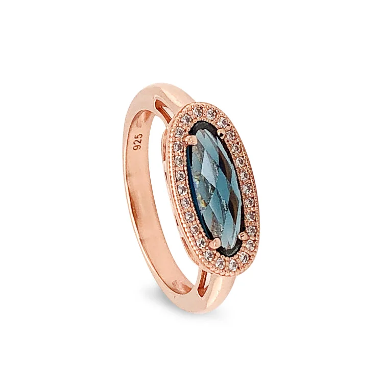 Classic engagement rings-Rose Gold Finish Sterling Silver Micropave Oblong Ring with Simulated London Blue Topaz and Simulated Diamonds