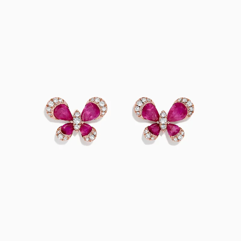 Funky Earrings For Bold Individuals-Nature 14K Rose Gold Ruby and Diamond Butterfly Earrings, 2.44 TCW