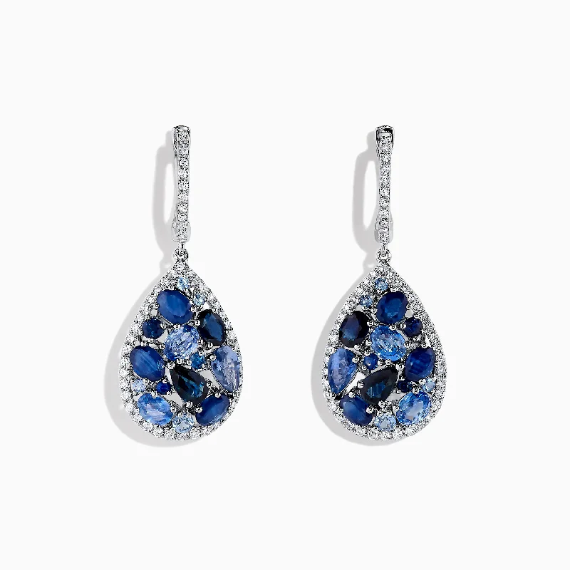 Vintage Drop Earrings For Formal Wear-14K White Gold Sapphire and Diamond Teardrop Earrings, 4.31 TCW