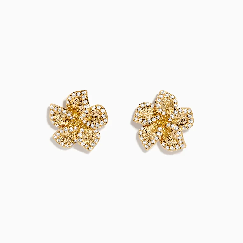 Trendy Pearl Earrings For Wedding Look-Nature 14K Yellow Gold Diamond Flower Earrings