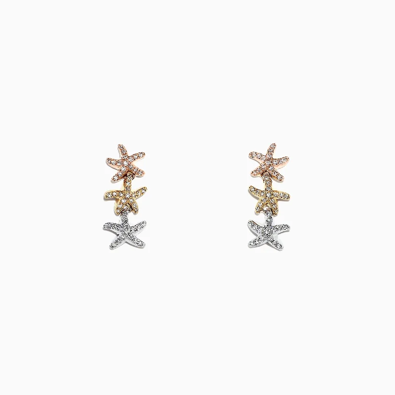 Chic Earrings For Casual Looks-Seaside 14K Tri Color Gold Diamond Starfish Earrings, 0.33 TCW