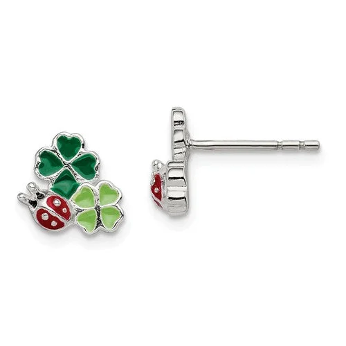 Luxury Earrings For Weddings-Sterling Silver Enamel Ladybug And 4 Lead Clovers Kid's Post Earrings