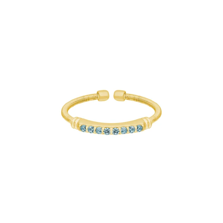 Custom crafted rings-Gold Finish Sterling Silver Cable Cuff Ring with Simulated Aquamarine Birth Gems - March