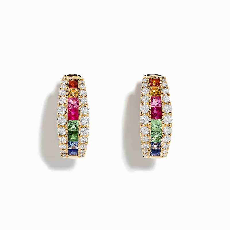 Long Chain Earrings For Fashion Lovers-Watercolors 14K Gold Multi Sapphire & Diamond Hoop Earrings