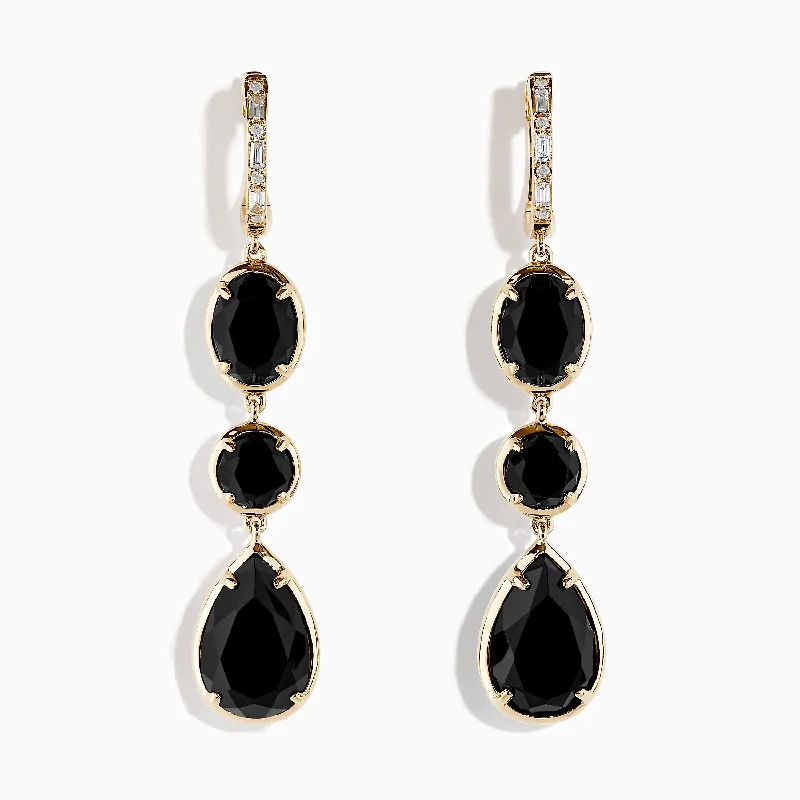 Multi-Color Earrings For Fun Outfits-14K Yellow Gold Onyx and Diamond Drop Earrings