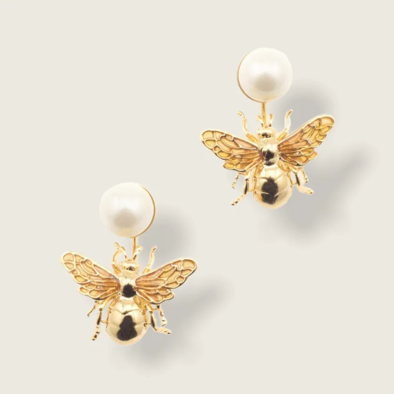 Elegant Drop Earrings For Casual Style-Bee Pearl Earrings by Bill Skinner Gold Plate