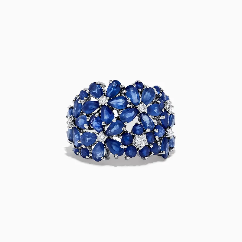 Large engagement rings-Royale Bleu 14K White Gold Blue Sapphire & Diamond Multi Flower Ring