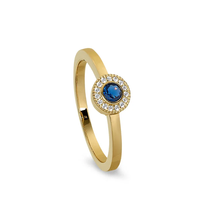 Large sapphire rings-Gold Finish Sterling Silver Micropave Round Simulated Sapphire Ring with Simulated Diamonds Size 8