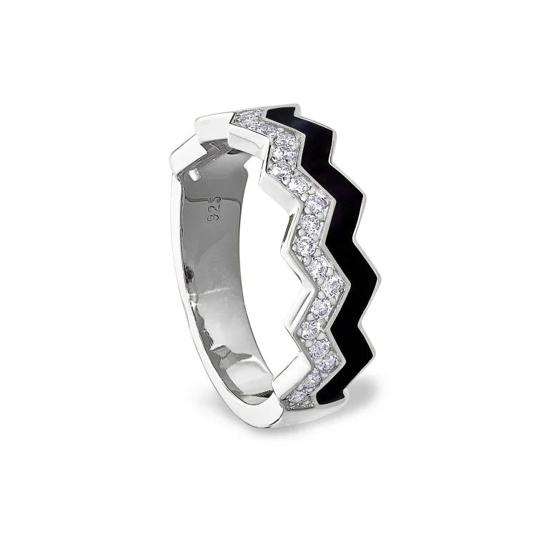 Classic wedding rings for men-Platinum Finish Sterling Silver Micropave Ring with with Black Enamel and Simulated Diamondss