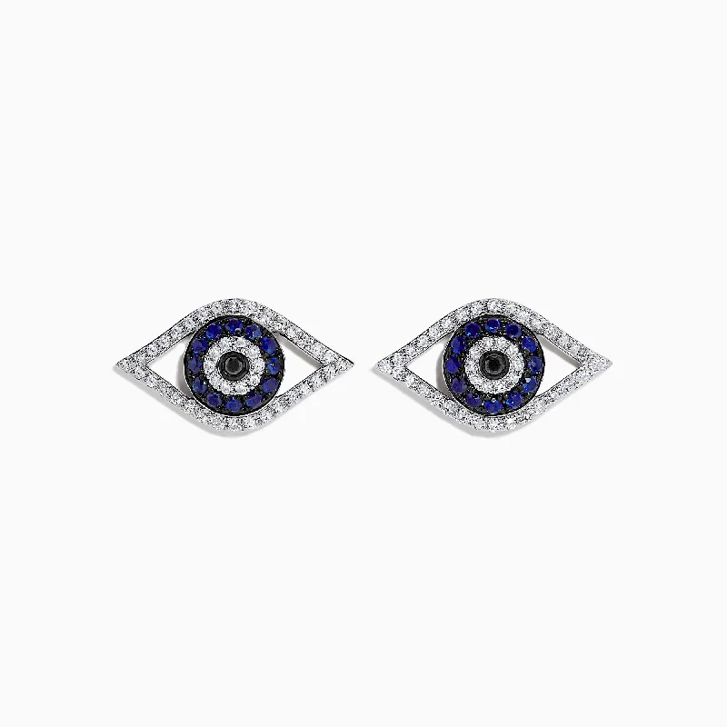 Cute Hoop Earrings For Every Day-Novelty 14K White Gold Sapphire & Diamond Evil Eye Earrings, 0.57 TCW