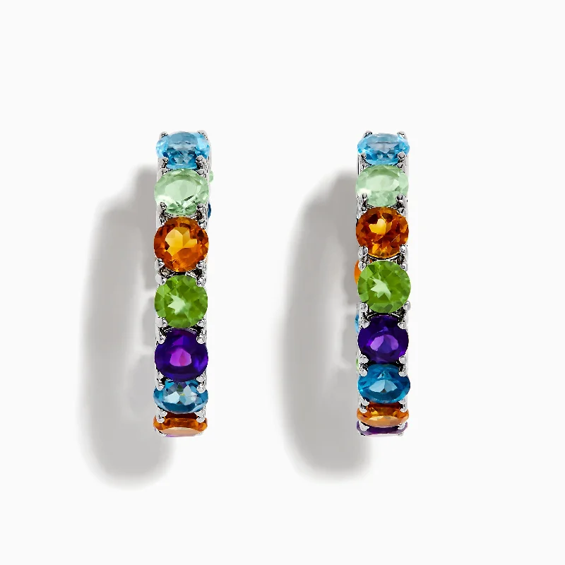 Beautiful Drop Earrings For All Occasions-925 Mosaic Sterling Silver Mulit Gemstone Hoop Earrings