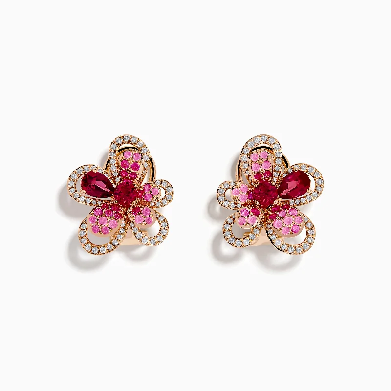 Chic Earrings For Work Wear-Nature 14K Rose Gold Pink Sapphire, Rhodolite and Diamond Flower Earrings