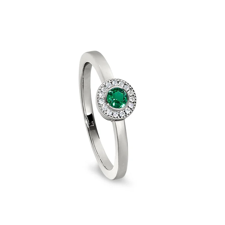 Engagement rings with colored stones-Platinum Finish Sterling Silver Micropave Round Simulated Emerald Ring with Simulated Diamonds Size 9