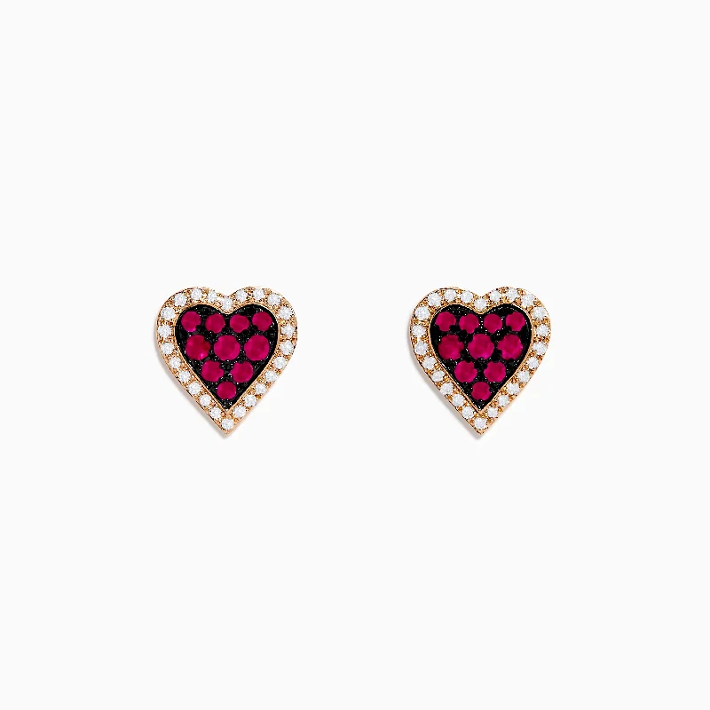 Long Drop Earrings For Special Events-14K Rose Gold Ruby and Diamond Heart Earrings