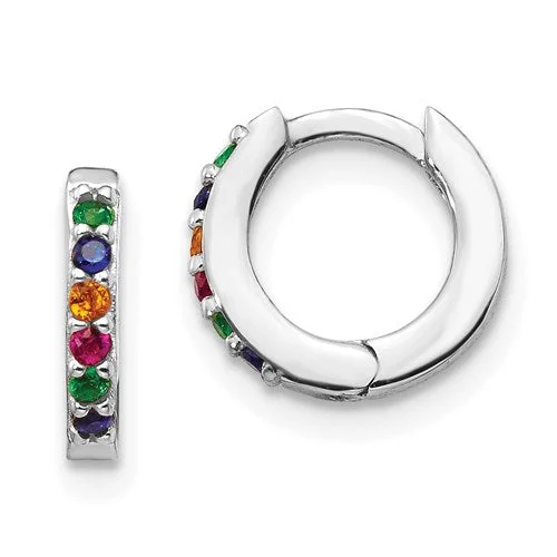 Cute Hoop Earrings For Every Day-Sterling Silver Colorful Rainbow CZ Small 10mm Hoop Earrings