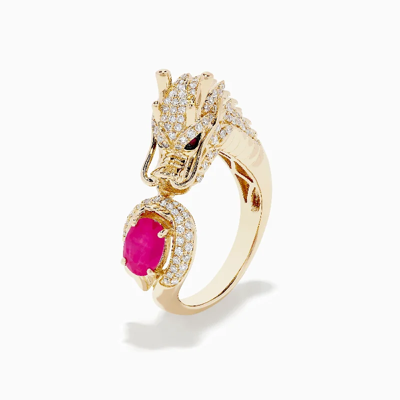 Rose gold diamond engagement rings-Safari 14K Yellow Gold Ruby and Diamond Dragon Ring