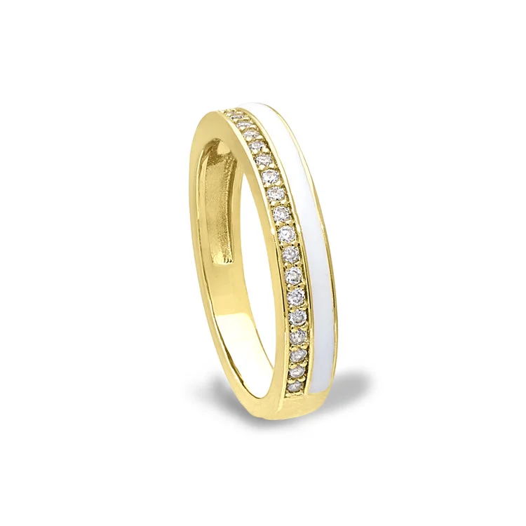 Trendy rings for women-Gold Vermeil Sterling Silver Micropave Ring with with White Enamel and Simulated Diamondss