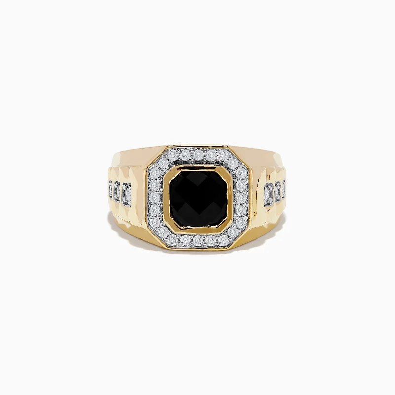 Engagement rings for brides-Men's 14K Yellow Gold Onyx and Diamond Ring