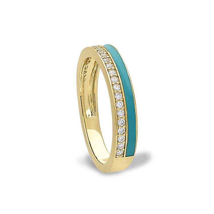 Wedding rings with sapphire-Gold Vermeil Sterling Silver Micropave Ring with with Turquoise Enamel and Simulated Diamondss