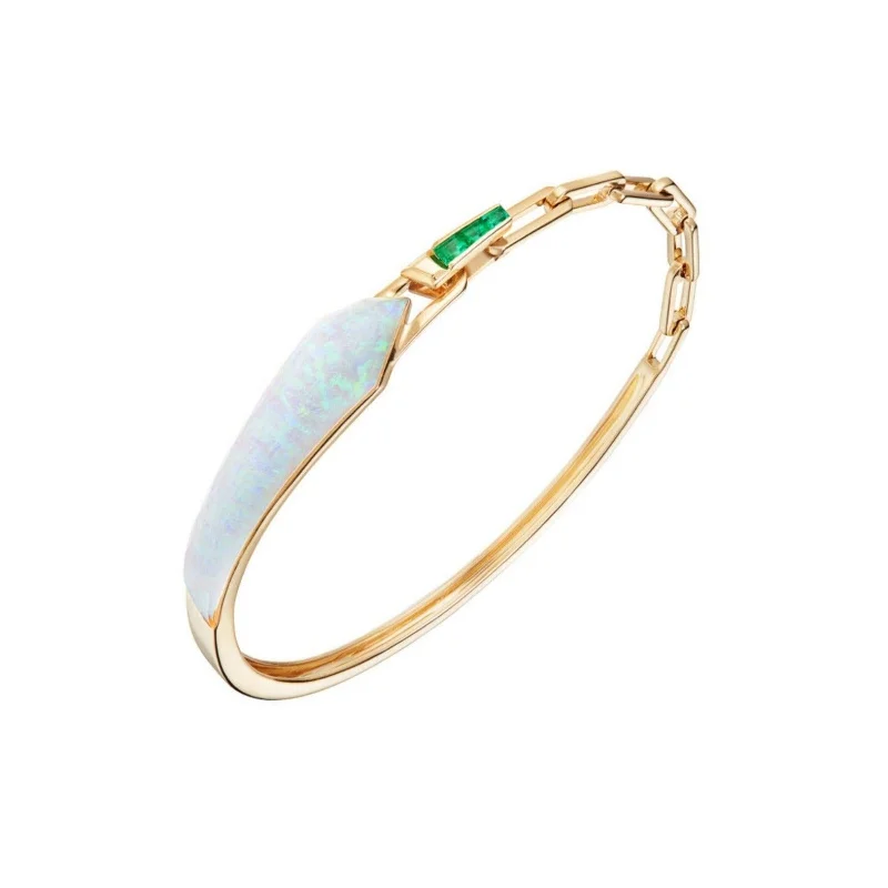 Pearlized Bracelets-Crystal Haze Shard Slimline Linked Bracelet in White Opalescent with Emeralds