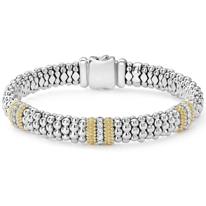 Ruby Bracelets-Three Station Diamond Caviar Bracelet | 9mm (Size M)