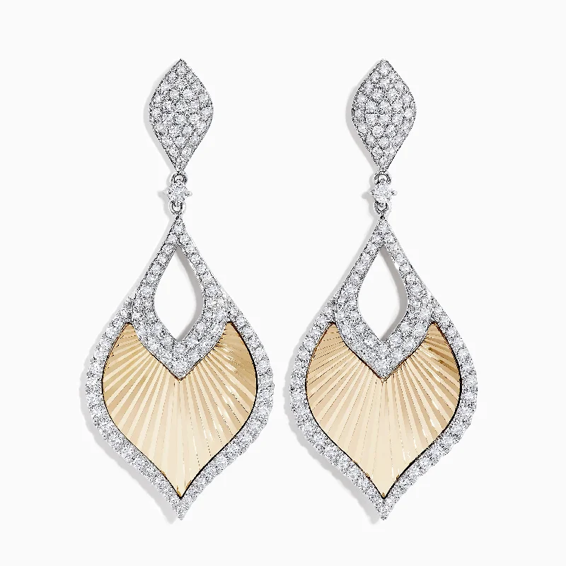 Silver Drop Earrings For Elegant Look-14K Two-Tone Textured Gold Diamond Statement Drop Earrings