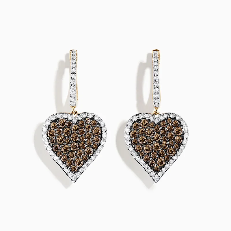 Diamond Earrings For Anniversary-14K Yellow Gold Espresso and White Diamond Heart Earrings