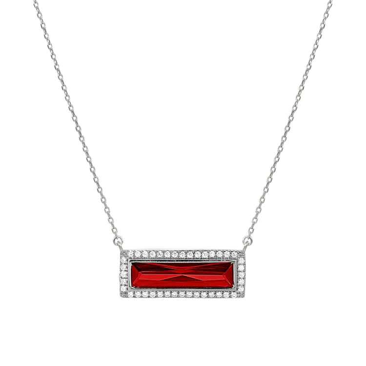 Fashionable gold necklaces for women-Rhodium Finish Sterling Silver Necklace with Rectangular Simulated Garnet Stone and Simulated Diamonds on 16" - 18" Chain