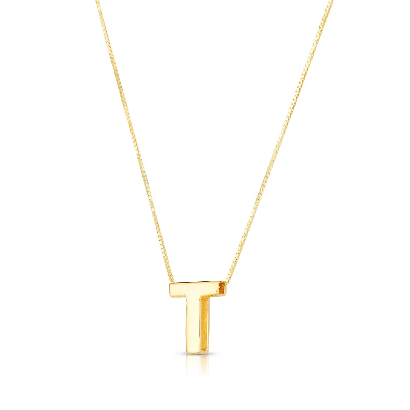 Handcrafted necklace pendants-14K Gold Block Letter Initial T Necklace