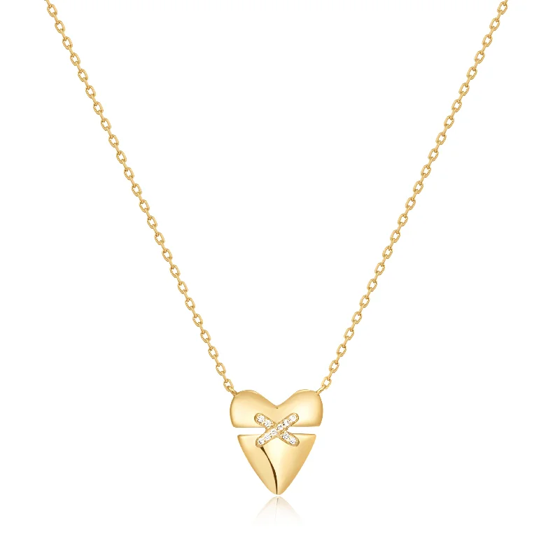 Elegant silver necklaces with initials-Kiss Pave Heart Necklace in Yellow Gold by Ania Haie