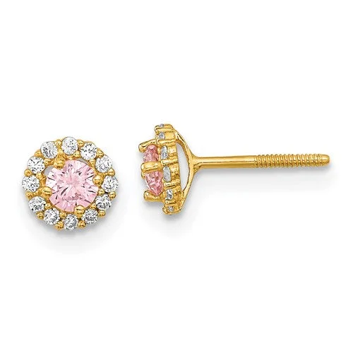 Handcrafted Earrings For Unique Style-14k Yellow Gold Solid Pink & White CZ Halo Screwback Earrings