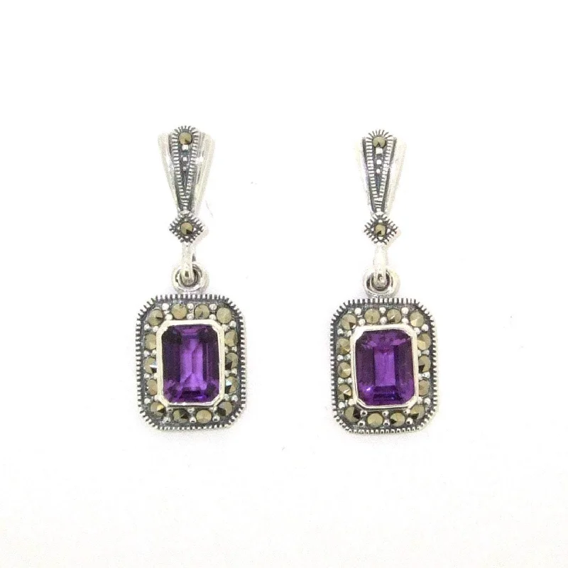 Gold Earrings For Wedding Day Style-Art Deco Amethyst Earrings Silver Marcasite Square Purple Crystal