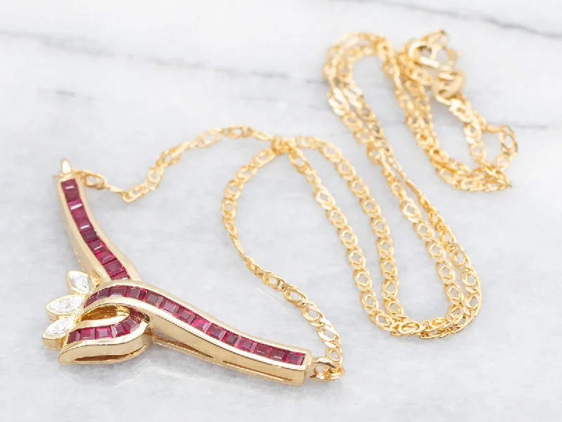 Long chain necklaces with pendants-Square Cut Ruby and Diamond Necklace