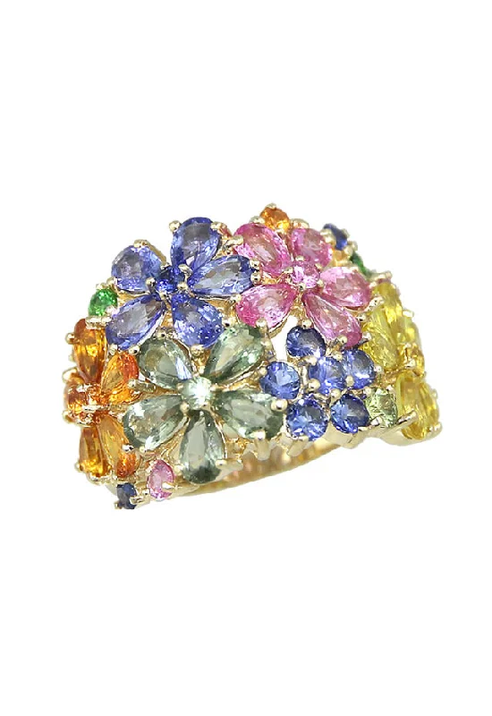 Sapphire and diamond rings-Watercolors 14K Yellow Gold Multi Sapphire Floral Ring, 9.07 TCW