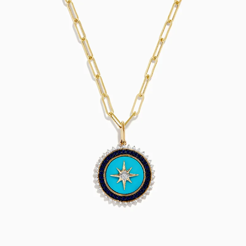 Modern geometric necklaces for men-Novelty 14K Gold Sapphire, Turquoise & Diamond Compass Paperclip chain necklace