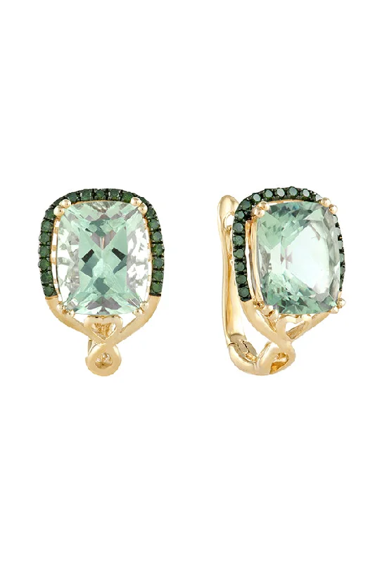 Fashionable Earrings For Weddings-14K Yellow Gold Green Amethyst and Diamond Earrings, 5.80 TCW