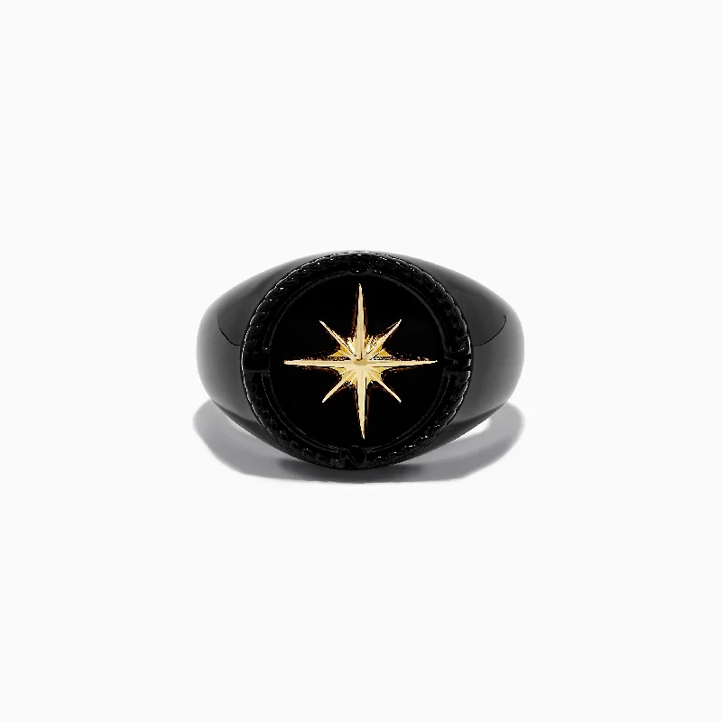 Unique engagement rings with gemstones-Men's Sterling Silver and Yellow Gold Onyx Compass Ring