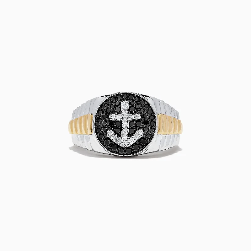 Custom wedding bands-Men's 14K Two Tone Gold Black and White Diamond Anchor Ring, 0.61 TCW