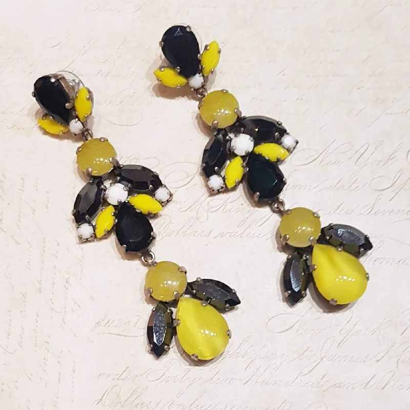 Elegant Earrings For Modern Look-Black Yellow White Glass and Crystal Chandelier Pierced Earrings by Frangos