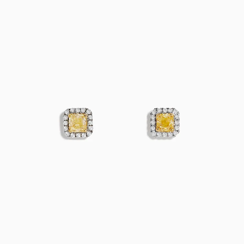 Bold Earrings For Unique Fashion-Canare 18K Two-Tone Gold Cushion Cut Yellow Diamond Halo Stud Earrings